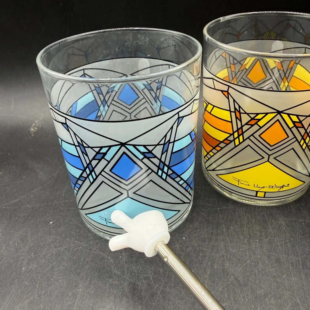 Frank Lloyd Wright MoMA Butterfly Window Glass Set of 3 Blue Yellow Whiskey - Picture 2 of 9